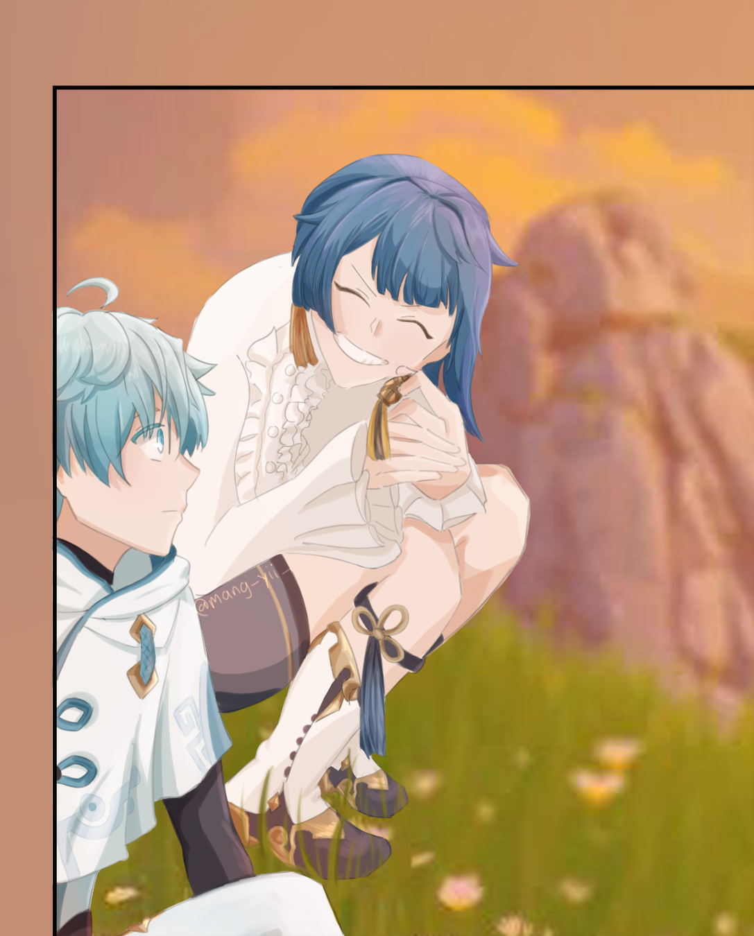 Xingqiu and Chongyun (from Genshin Impact) sitting down next to each other on the grass with a sunset in the background